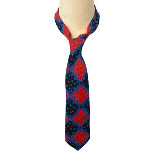 VTG FRED HAYMAN Beverly Hills 100% SILK TIE Red Polka Dot Geometric Colorful Blu